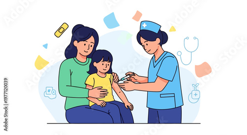 Vaccination, doctor, nurse, child, mother, medical, healthcare, immunization, vector illustration
