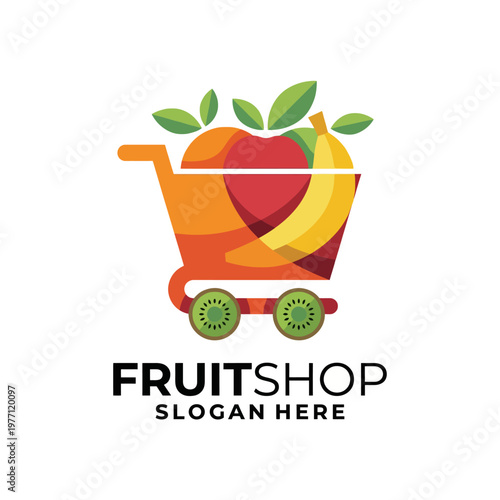 This logo showcases a colorful shopping cart filled with various fruits, symbolizing freshness and abundance for a lively fruit shop business.