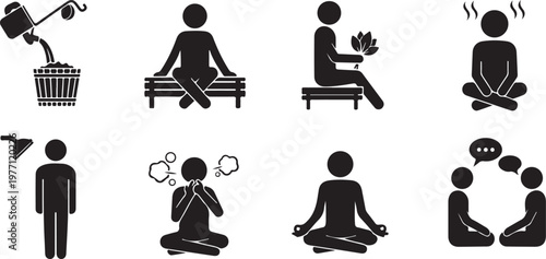 Set of icons representing wellness relaxation meditation yoga spa treatments and group discussion activities healthy lifestyle self care.