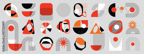 Hand drawn abstract minimal element mid century vector set. Aesthetic contemporary stripe line art, geometric shape in monochrome. Art form design for wall art, decoration, wallpaper.