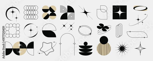 Hand drawn abstract minimal element mid century vector set. Aesthetic contemporary stripe line art, geometric shape in monochrome. Art form design for wall art, decoration, wallpaper.