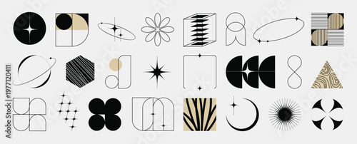 Hand drawn abstract minimal element mid century vector set. Aesthetic contemporary stripe line art, geometric shape in monochrome. Art form design for wall art, decoration, wallpaper.