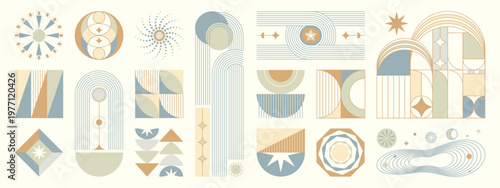 Hand drawn abstract minimal element mid century vector set. Aesthetic contemporary stripe line art, geometric shape in monochrome. Art form design for wall art, decoration, wallpaper.