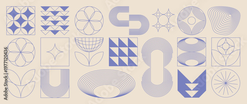 Hand drawn abstract minimal element mid century vector set. Aesthetic contemporary stripe line art, geometric shape in monochrome. Art form design for wall art, decoration, wallpaper.