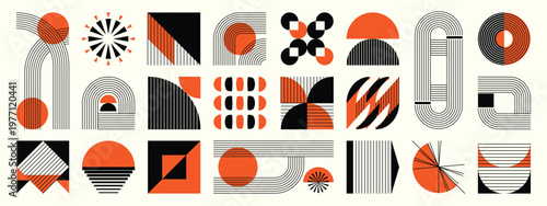 Hand drawn abstract minimal element mid century vector set. Aesthetic contemporary stripe line art, geometric shape in monochrome. Art form design for wall art, decoration, wallpaper.
