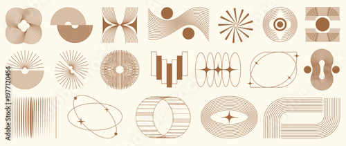 Hand drawn abstract minimal element mid century vector set. Aesthetic contemporary stripe line art, geometric shape in monochrome. Art form design for wall art, decoration, wallpaper.