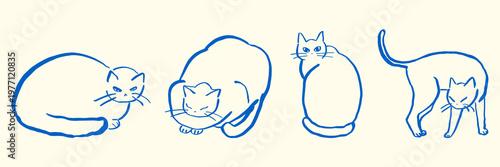 Hand-drawn line cat drawing in a naive style. Sketchy doodle cats in minimalist ink style