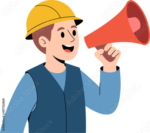 Construction worker character wearing yellow hard hat and blue vest holding red megaphone, site supervisor announcing safety instructions, industrial communication vector illustration