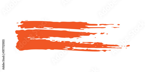 Bright orange paint splash with textured brush strokes and small splatter dots on a white background