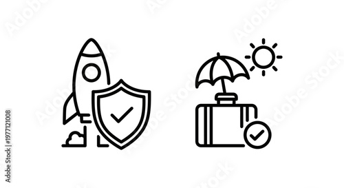 Space and travel insurance icons with insurance protection security coverage suitcase umbrella vacation exploration adventure transport checkmark approval confirmed verified guarantee