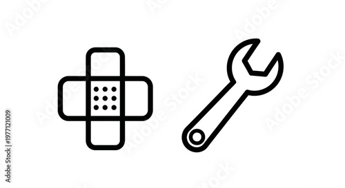 Bandage and wrench icons with first aid maintenance mechanical equipment construction industry assistance engineering machinery hardware illustration minimalist