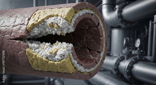 Cross section of a large artery showing significant calcification and plaque buildup obstructing the lumen