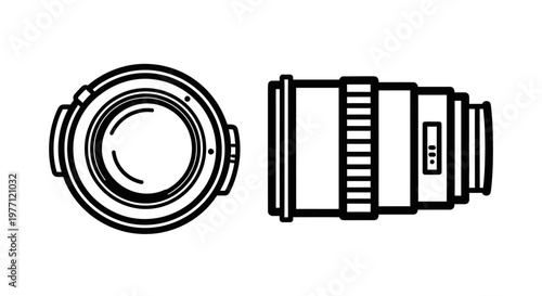 Camera lens schematics front view and side view photography equipment accessory aperture professional creative illustration monochrome technical schematic mechanical components portrait