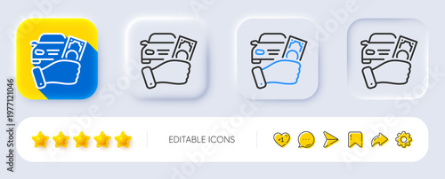 Rent car line icon. Neumorphic, Flat shadow, 3d buttons. Buy transport sign. Vehicle down payment symbol. Line rent car icon. Social media icons. Vector