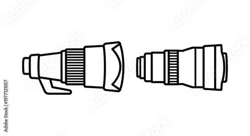 Telephoto lens and long lens schematics with lens hood telephoto photography equipment accessory professional creative illustration monochrome technical schematic mechanical components