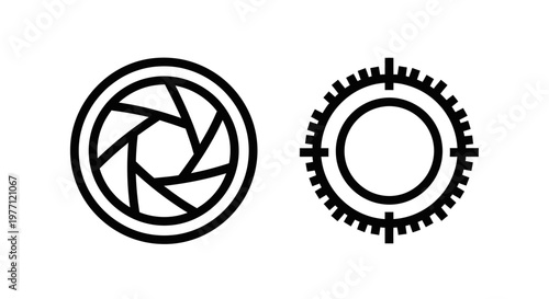 Camera aperture and gear icons with aperture mechanical mechanism rotation settings adjustment photography minimalist background isolated technology precision manufacturing industry