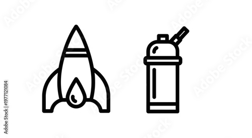 Rocket launching and gas cylinder icons with explosion cylinder container pressure transport aviation propulsion illustration minimalist background isolated technology exploration