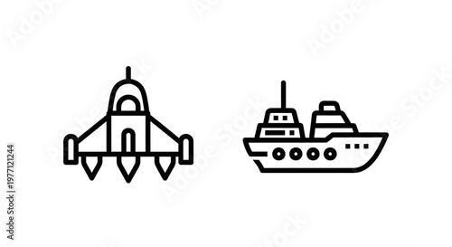 Futuristic aircraft and luxury yacht icons with aircraft futuristic spacecraft propulsion transport transportation technology aerospace aviation maritime recreation illustration minimalist