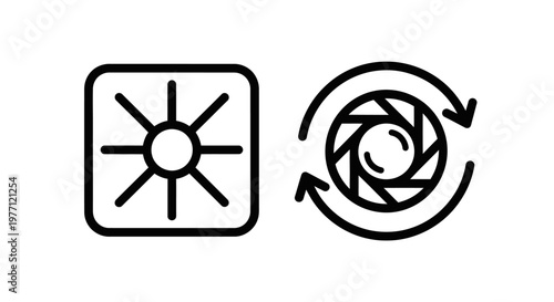 Sun and aperture rotation icons with starburst aperture rotation circular movement photography interface minimalist illustration abstract geometry