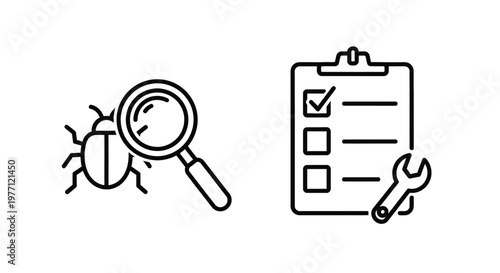 Bug icon with magnifying glass and checklist with wrench icon magnifying discovery investigation checklist clipboard maintenance software debugging troubleshooting solution illustration