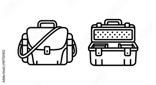 Closed messenger bag icon and open toolbox icon with messenger shoulder briefcase business container equipment professional workshop mechanic construction hardware accessories illustration
