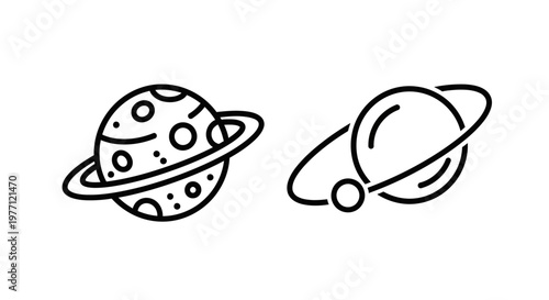Two minimalist planet icons with rings and moons outline style astronomy universe celestial astrophysics astronomical planetary spacecraft exploration isolated astrology education