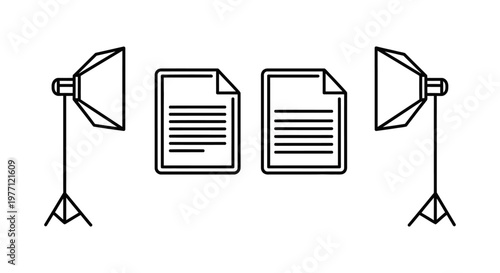 Professional documentation review and data analysis set with studio lighting icons document analysis lighting equipment professional business information production photography isolated