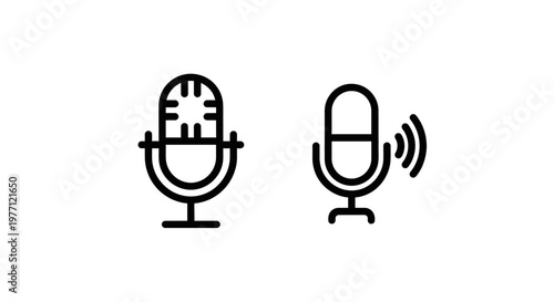 Studio microphone and digital audio recording icon set for podcast and broadcasting with microphone recording broadcast technology communication equipment electronic hardware interview