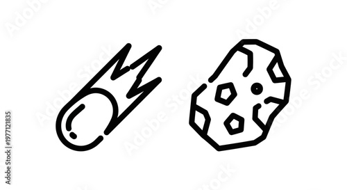 Black outline vector icons of a falling comet with tail and a cratered asteroid isolated on white background for astronomy and space science design asteroid astronomy minimalist celestial