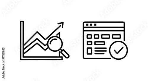 Performance monitoring and kpi tracking business analytics vector icons set featuring growth chart magnifying glass and web interface checklist performance monitoring tracking business analytics
