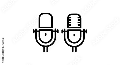 Vintage retro studio microphone vector icons set in black outline style for podcast recording radio broadcasting and music production concepts with microphone recording broadcast equipment