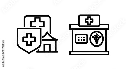 Healthcare and medical insurance vector icons set featuring hospital building protection shield and caduceus symbol for pharmacy and medical services hospital healthcare insurance protection