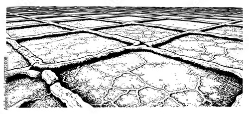 Perspective view of a cracked dry landscape in vintage woodcut engraving style