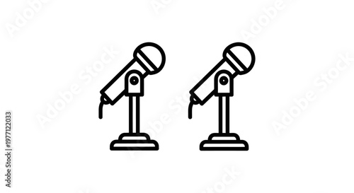 Two identical black line art microphone icons on adjustable stands with cables minimalist vector illustration for podcasting recording professional audio communication on white background, microphone