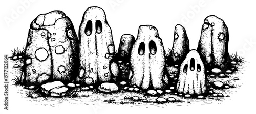 Mystical standing stones with haunting faces in vintage woodcut engraving style