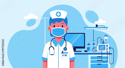 Medical, healthcare, doctor, nurse, cartoon character, vector illustration, blue color scheme, hospital, clinic, medical professional, face mask, stethoscope