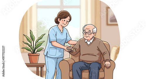 Nursing care, healthcare worker, assisting elderly patient, home visit, medical support vector