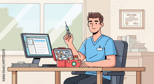 Cartoon technician, computer repair, IT specialist, office worker, vector illustration