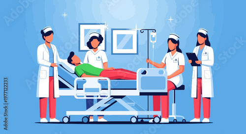 Medical, hospital, healthcare, vector illustration, doctor, nurse, patient, bed, care, treatment, blue background