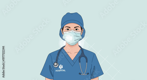Medical professional, doctor, nurse, healthcare worker, blue scrubs, face mask, vector illustration
