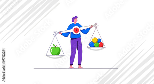 Balancing act concept, colorful business illustration, weighing pros and cons, decision making process, vector graphics