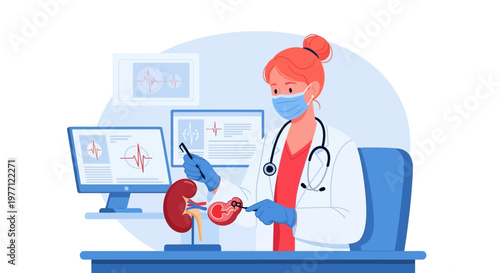 Medical professional, doctor, healthcare worker, wearing mask, stethoscope, examining organs, on computer, in clinic