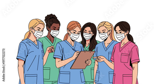 Medical professionals, nurses in scrubs and face masks, healthcare workers, vector illustration, medical team, hospital staff