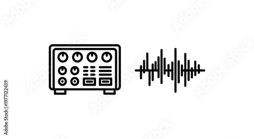 Audio mixing console and sound wave icon set with frequency production amplifier recording technology equalizer amplitude acoustic isolated illustration multimedia