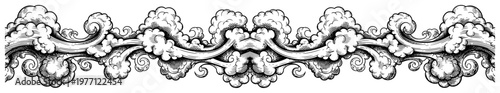 Decorative horizontal border with baroque style swirling clouds in a vintage engraving style