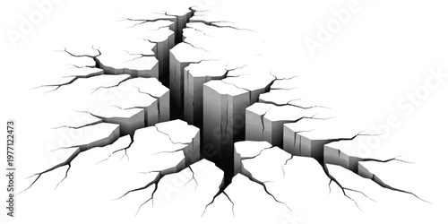 A deep and dramatic ground fissure showing a wide crack splitting the earth surface apart