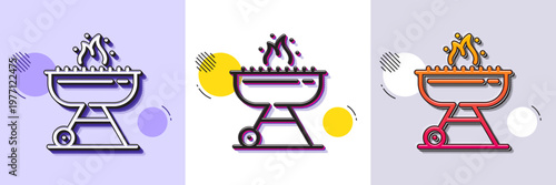 Grill line icon. Halftone dotted pattern. Gradient icon with grain shadow. Barbecue cooker for cooking food sign. Meat brazier with fire symbol. Line grill icon. Various designs. Vector