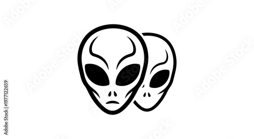 Two alien head faces extraterrestrial life line art icons representing sci-fi concept with sci fi extraterrestrial creature universe character abstract imagination investigation discovery