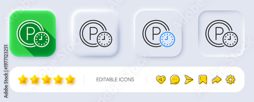 Parking time line icon. Neumorphic, Flat shadow, 3d buttons. Car park clock sign. Transport place symbol. Line parking time icon. Social media icons. Vector