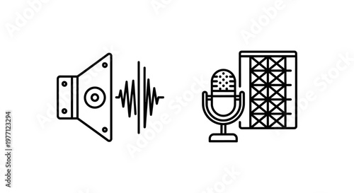 Graphic icons for sound design and sound studio featuring a loudspeaker with audio waves and a professional microphone with acoustic dampening panels microphone waveform acoustic recording